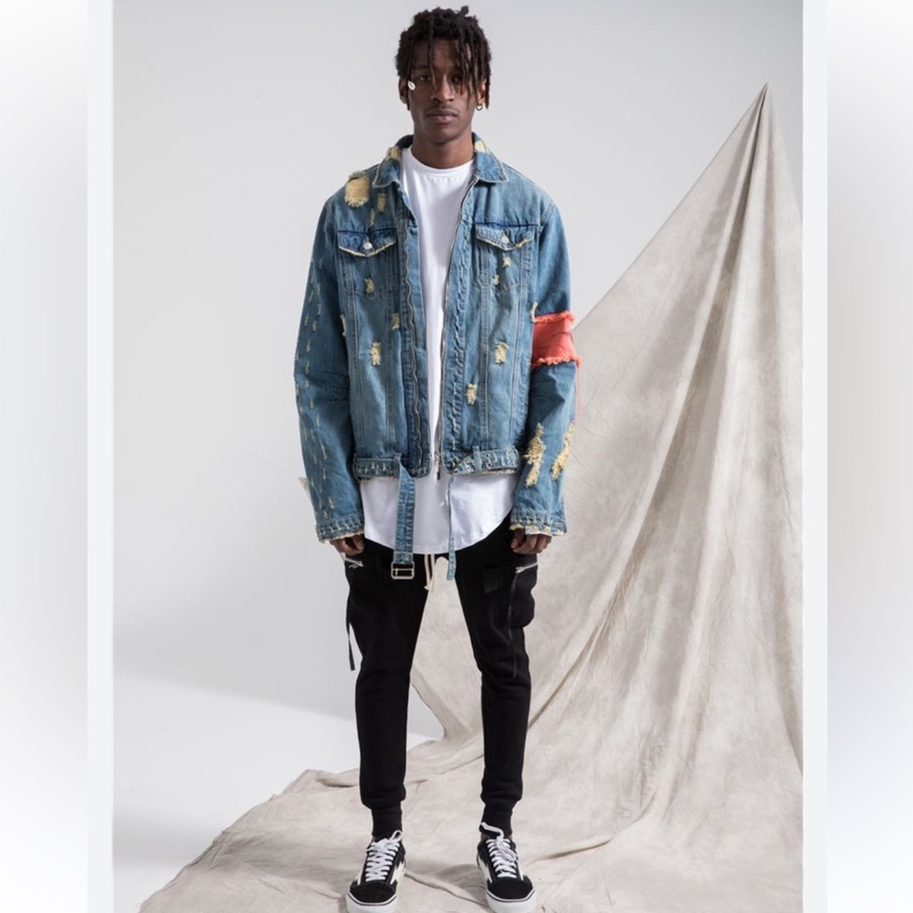 Distressed Embroidered Denim Jacket Red Patch Arm Band Motorcycle Jacket Belt